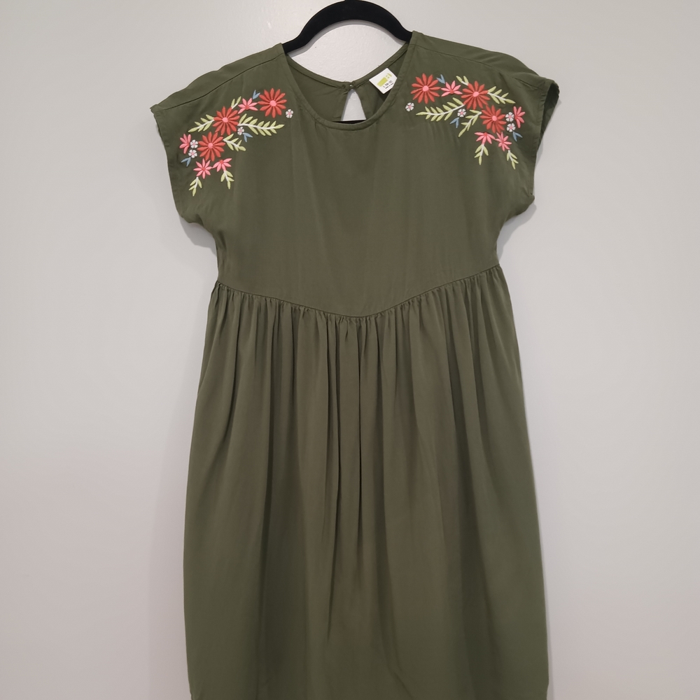 Crazy 8 Olive Green Dress with Pink & Coral Floral Embroidery